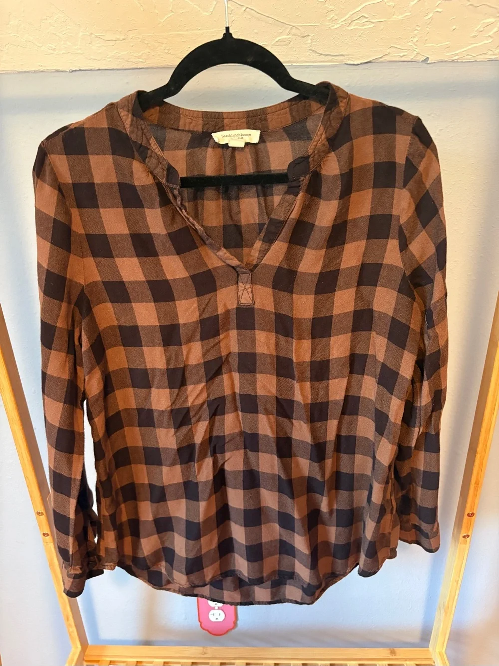 beachlunchlounge Brown and Black Plaid V-Neck Blouse